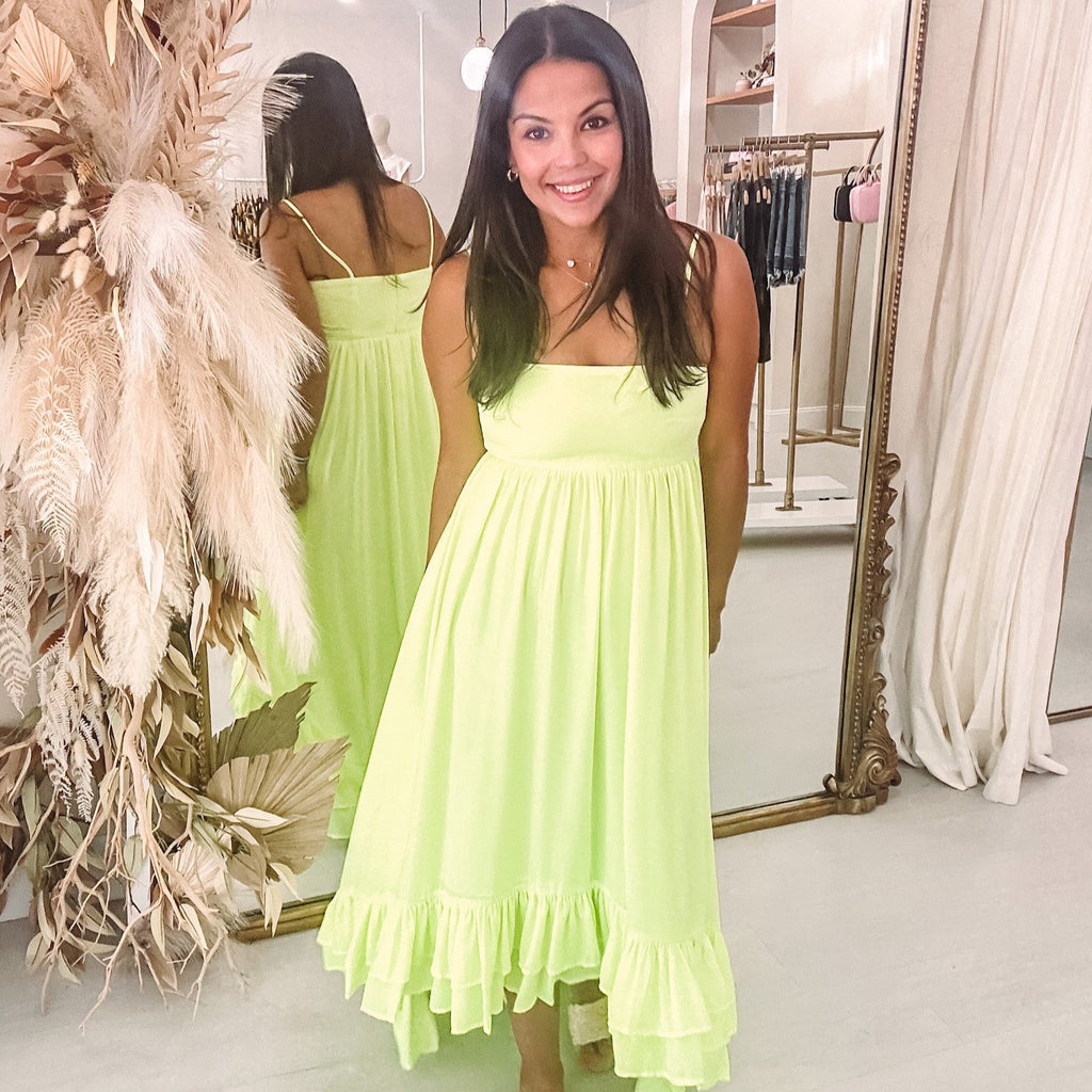 sophie midi dress Sophie Smocked Tiered High-Low Midi Dress Green / L / Final Sale