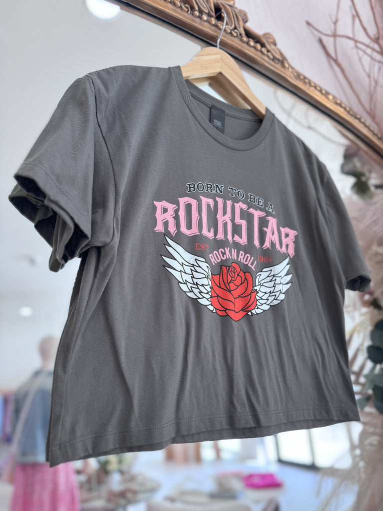 Rockstar Wings Cropped Tee - Charcoal