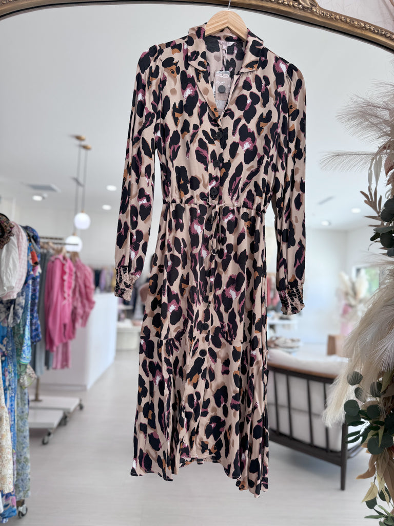 Lissa Midi Dress - Tan Leopard