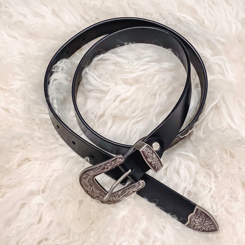 Metal Engraved Leather Belt - Black